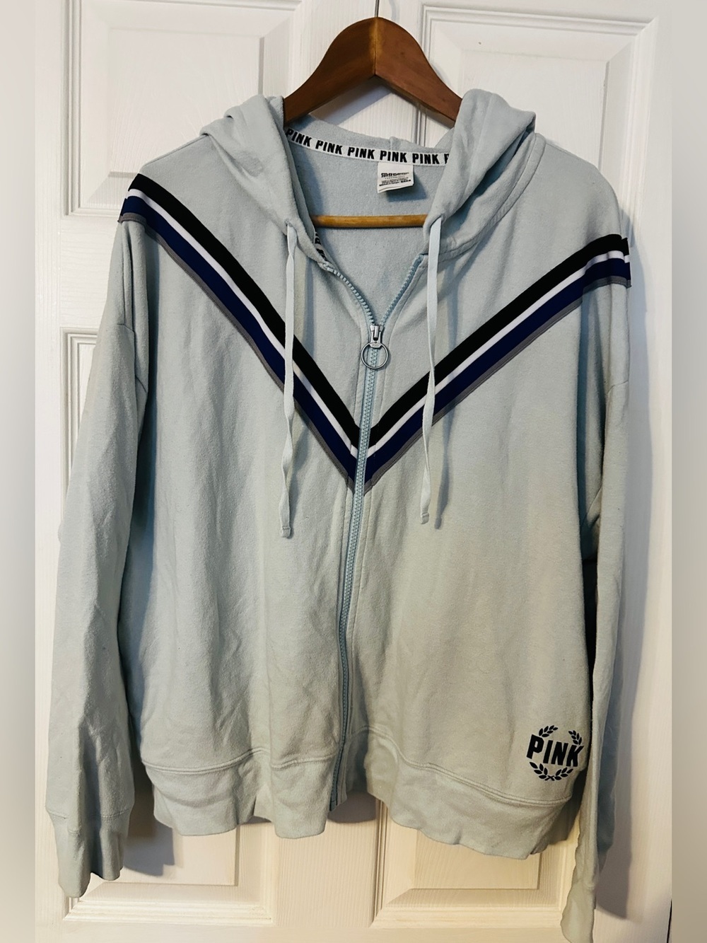 Victoria's Secret PINK Light Blue Hoodie with Navy & Black Stripes*Vintage~UC*